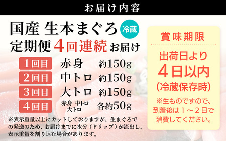 定期便 ≪4カ月連続お届け≫ おすすめ！まぐろの王様！生本まぐろ 食べ比べ 定期便 計4回 【 大とろ  中トロ 赤身 刺身 冷蔵 お取り寄せ グルメ】  [e04-c017]