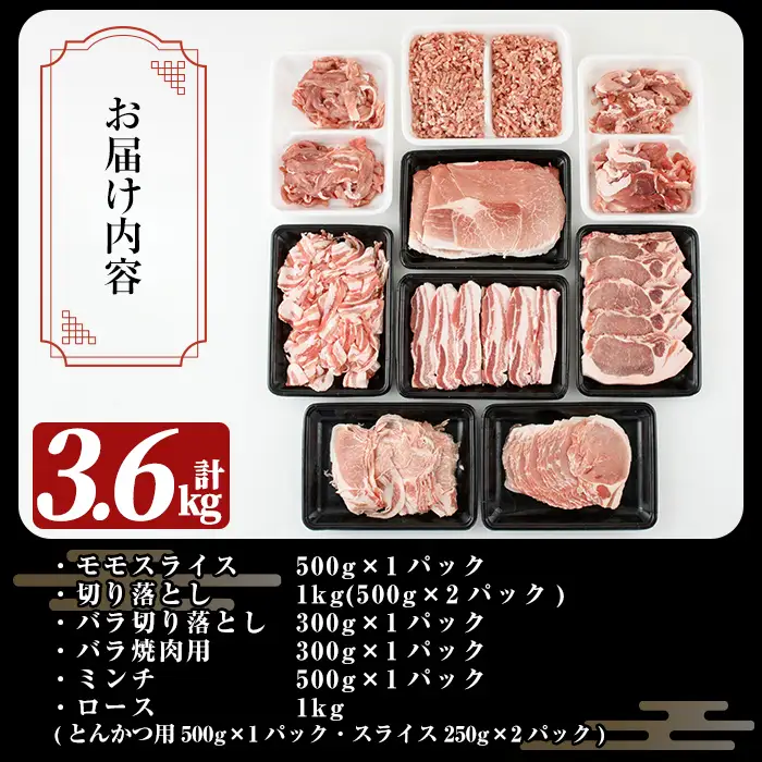 A7-010 国産！鹿児島県産豚肉バラエティー7種計3.6kg【肉の豊楽】霧島市 豚肉 小分け 切り落とし 詰め合わせ