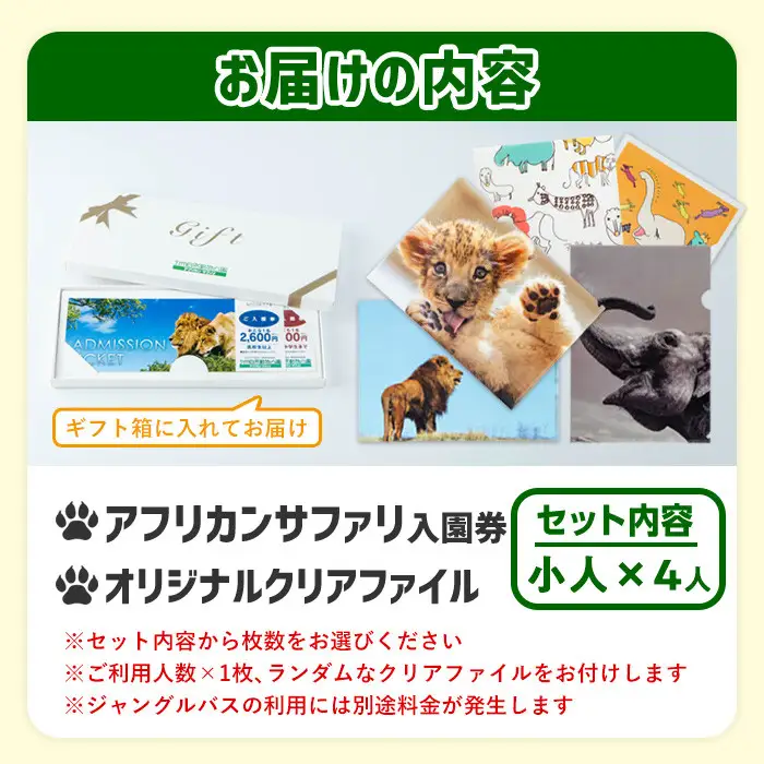 アフリカンサファリ入園券とオリジナルクリアファイルのセット(入園券(小人4枚)とクリアファイル)チケット 動物園 サファリパーク形動物園 家族旅行 デート 観光【110600800】【九州アフリカ・ライオン・サファリ】