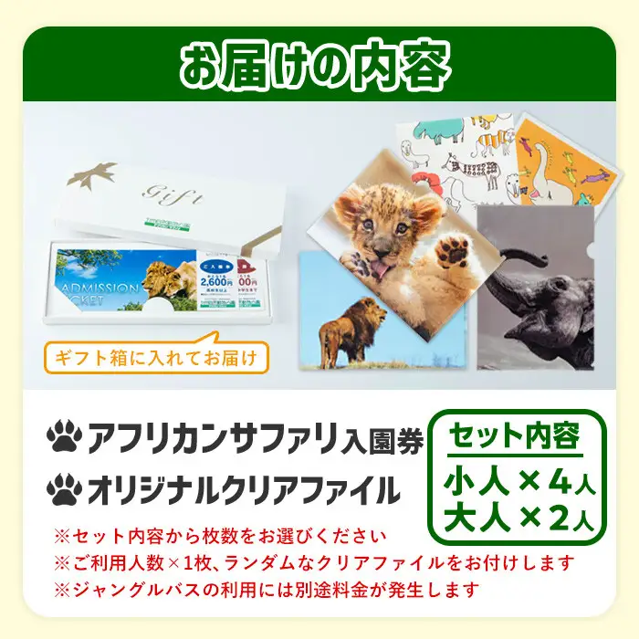 アフリカンサファリ入園券とオリジナルクリアファイルのセット(入園券(大人2枚・小人4枚)とクリアファイル)チケット 動物園 サファリパーク形動物園 家族旅行 デート 観光【110601700】【九州アフリカ・ライオン・サファリ】