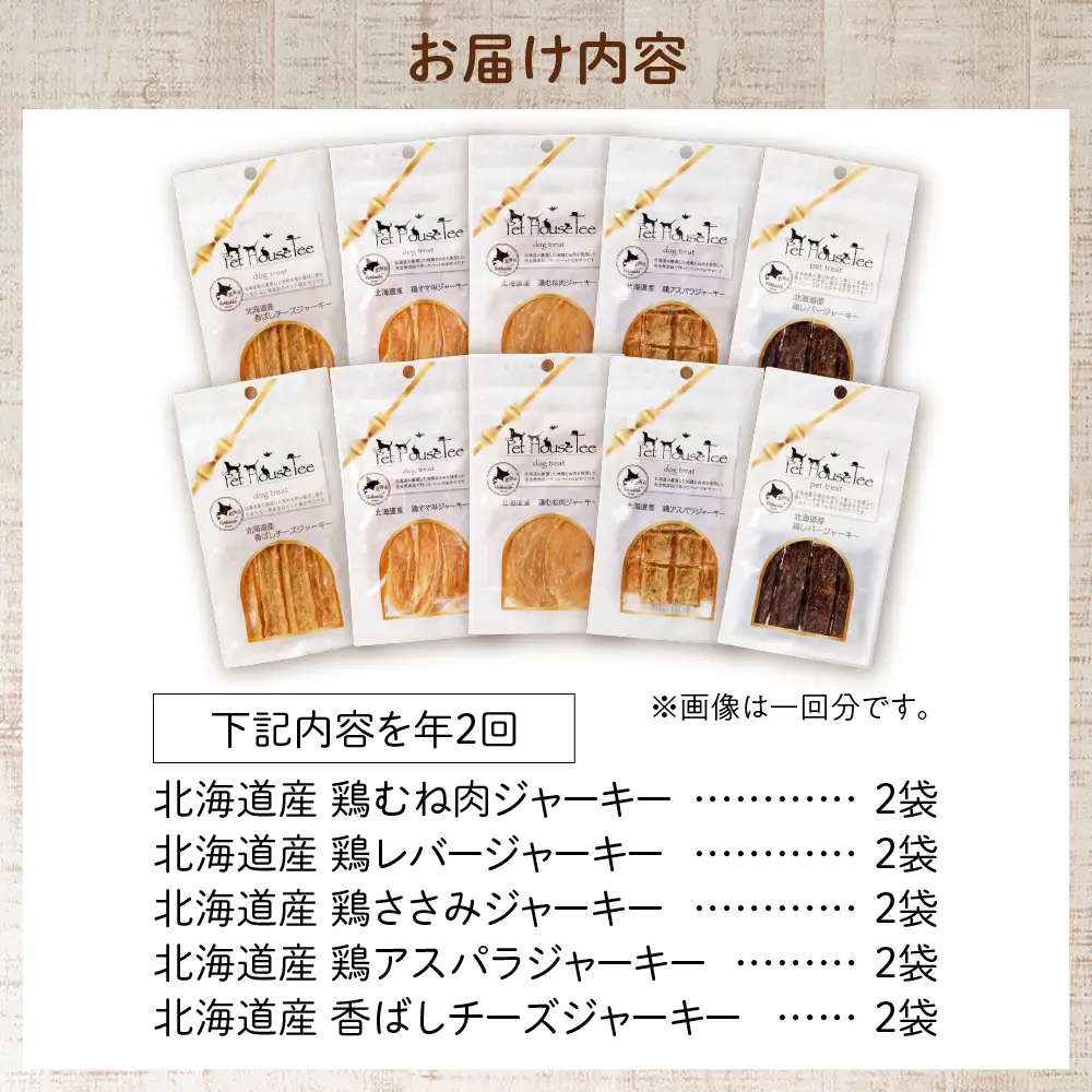 【定期便２回】ワンちゃん大喜び！北海道産地鶏と野菜の完全無添加ジャーキーセット（５種類×２袋）