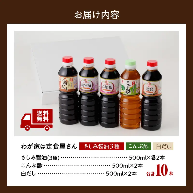 わが家は定食屋さん さしみ醤油 3種 こんぶ酢 白だし 合計10本 しょうゆ 食品 調味料 国産 竹井醸造 エンマン醤油 刺身醤油 食べ比べ 煮物 酢の物 大豆 詰め合わせ おすすめ ギフト プレゼント 贈り物 おすそ分け お取り寄せ グルメ 宮崎県 日南市 送料無料_DD10-24