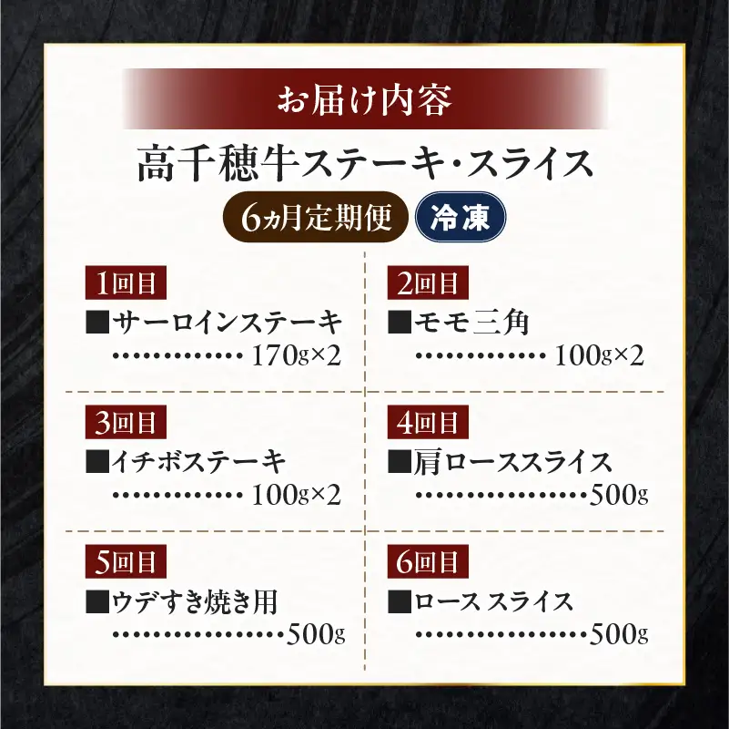 宮崎県産黒毛和牛A4等級以上 高千穂牛ステーキ・スライス定期便（6ヶ月定期便）牛肉 肉 お肉 精肉 セット 詰め合わせ 定期 6回 ブランド牛 国産牛 黒毛和牛 和牛 サーロイン ステーキ モモ イチボ 肩ロース スライス ウデ すき焼き しゃぶしゃぶ ロース 贈答 贈り物 BBQ グランピング パーティー クリスマス プレゼント _Tk002-t082