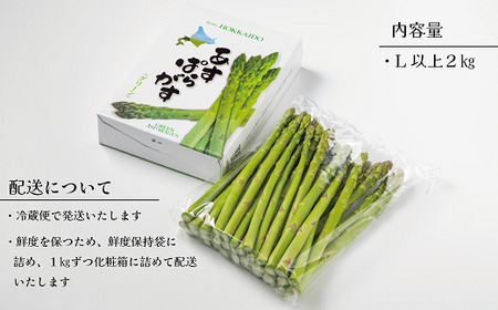 ＜北海道産 夏採れグリーンアスパラ 2㎏＞シャッキリみずみずしい味わい！！ 北海道 北海道産 国産 産地直送 乙部町 旬 新鮮 農家直送 あすぱら アスパラガス 野菜 冷蔵配送 L以上 お取り寄せ 送料無料