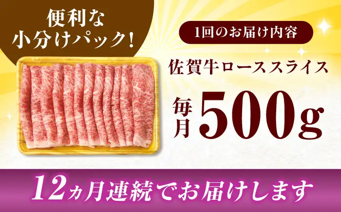 【12回定期便】黒毛和牛 佐賀牛 ローススライス 500g しゃぶしゃぶ すきやき[FDB032]