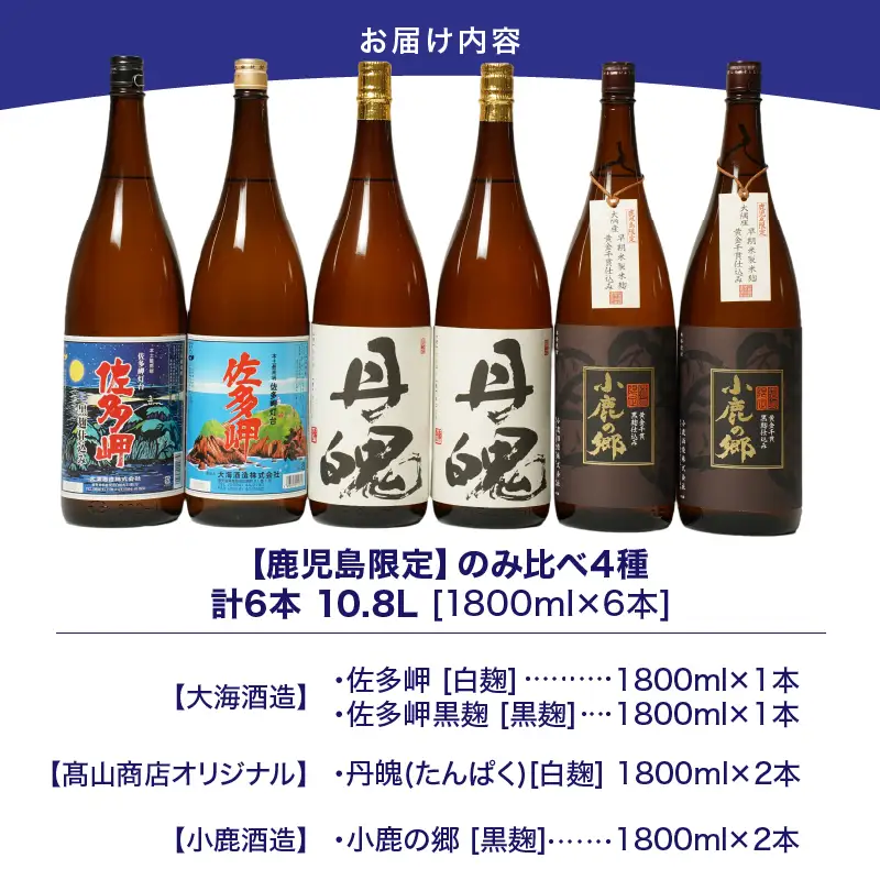 【 超特急便 】2162 鹿児島 限定 焼酎 のみ比べ 4種 計6本（1800ml×6本） KN043-010 酒 スピード配送 最短 すぐ届く お急ぎ