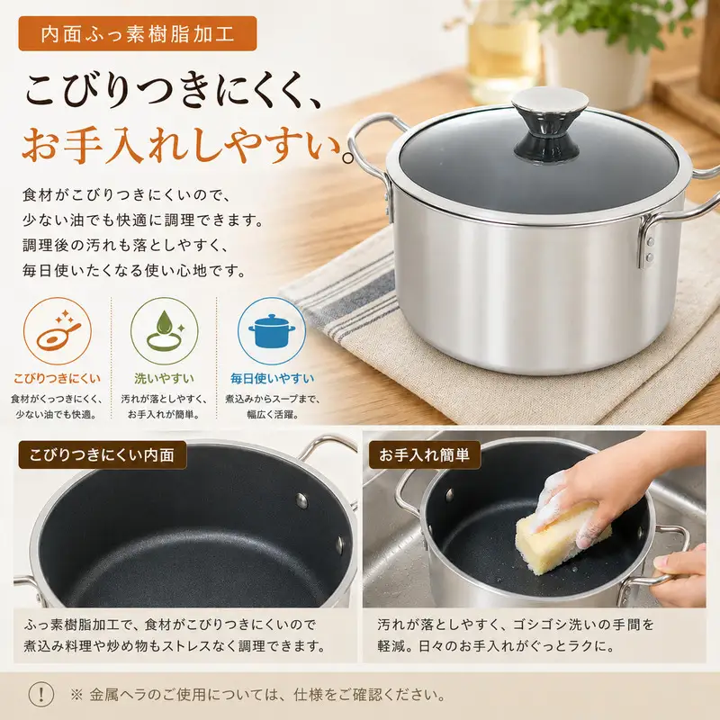 IHデュオ両手鍋22cm IH対応 鍋 両手鍋 22cm 蓋付き ガラス蓋 調理器具 キッチン用品 キッチン ステンレス アルミニウム 日本製 新潟 
