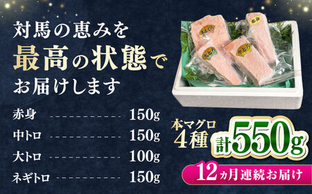 【全12回定期便】対馬産 本マグロ 4種 計550g（赤身/中トロ/大トロ/ネギトロ） [WAH017] マグロ まぐろ 本マグロ トロ 赤身 ネギトロ