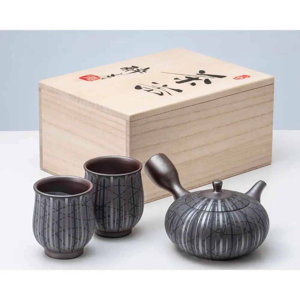 【萬古焼（ばんこやき）】希少 萬古の匠・清水醉月（すいげつ）縞文茶器 ご希望の文字入れ 急須と湯呑のセット
