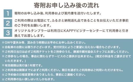 【千葉・房総・勝浦】電動アシスト付 レンタサイクル 1日 乗り放題 利用券 2枚 オリジナル タンブラー 2本付 一般社団法人勝浦市観光協会《30日以内に出荷予定(土日祝除く)》レンタル サイクリング 自転車 千葉県 勝浦市