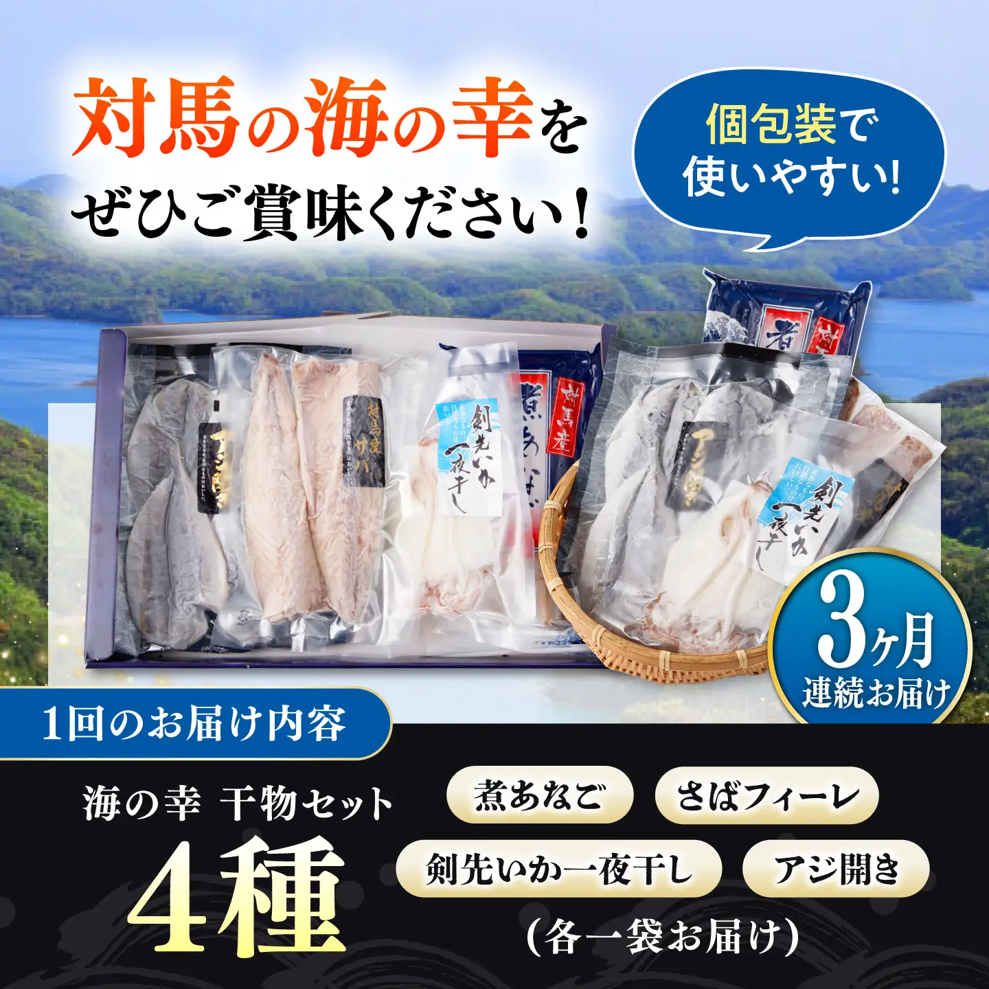 【全3回定期便】対馬 海の幸 干物 セット [WAC027]冷凍 新鮮 魚 イカ 鯵 アジ 剣先いか さば 穴子 ひもの 