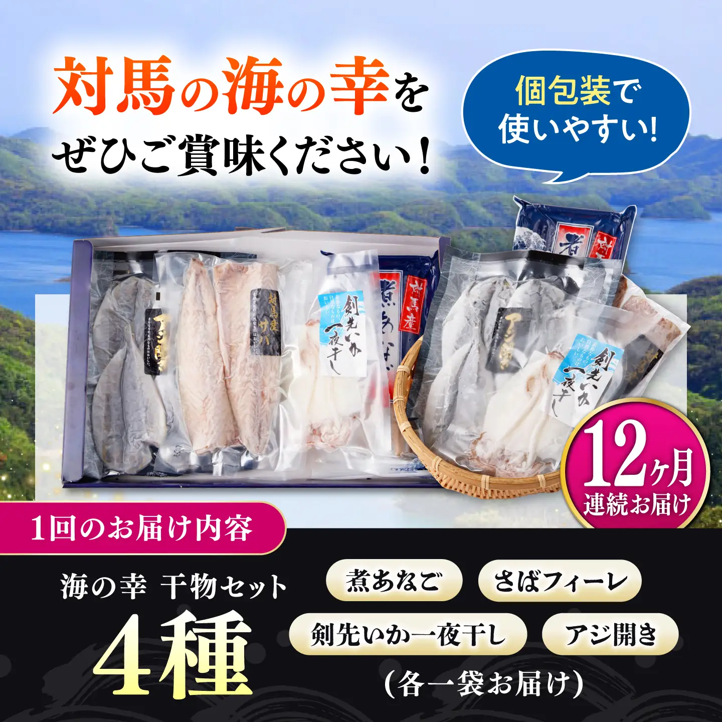 【全12回定期便】対馬 海の幸 干物 セット [WAC029]冷凍 魚 イカ 鯵 アジ 剣先いか さば 穴子 ひもの