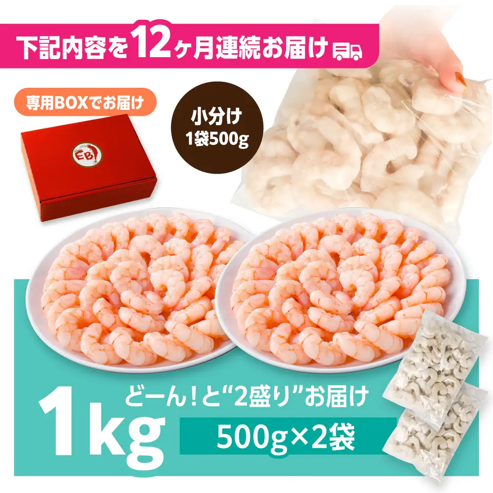 【全12回定期便】背ワタ除去済み！ぷりぷりむきえび 計12kg（500g×2袋×12) 海老 エビ[FDE004]