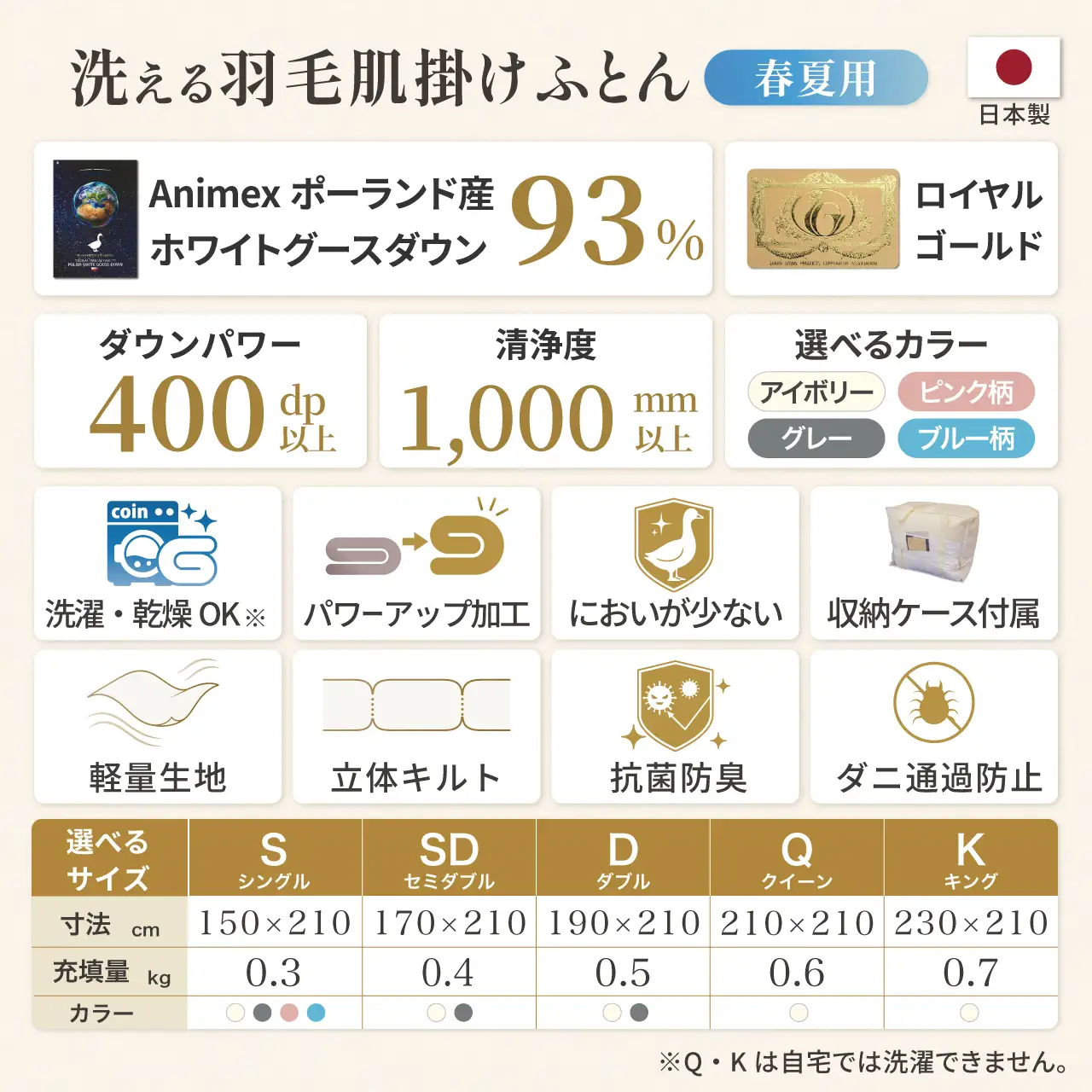 【春夏用】洗える羽毛布団 セミダブル 肌掛け ダウン 夏 春 ホワイトグースダウン 93％ 0.4kg 400dp (無地 グレー)