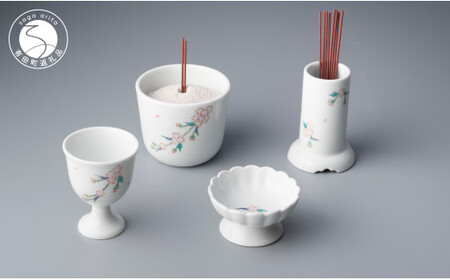 肥前赤絵窯元 鷹巣 桜花文 仏具揃え お線香立て お線香入れ 茶湯入れ お供え入れ モダン 手描き 有田焼 bm012