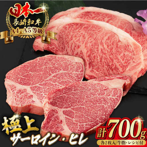 【二大高級部位！】サーロイン と ヒレ ステーキ 計700g （各2枚） 長崎和牛 A4?A5ランク 希少部位【野中精肉店】 [VF50] 肉 牛肉 赤身 サーロインステーキ ヒレステーキ 焼肉