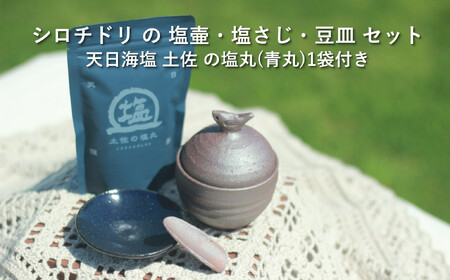 シロチドリ の 塩壷 と 塩さじ ・ 豆皿 セット （ 天日海塩 土佐 の塩丸（青丸）1袋付き）［1619］