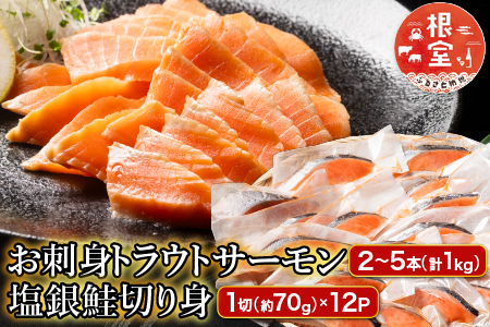 お刺身トラウトサーモン2～5本(計1kg)＆塩銀鮭切り身1切(約70g)×12P B-09094