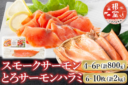 スモークサーモン4～6P(計800g)＆とろサーモンハラミ6～10枚(計2kg) B-09100