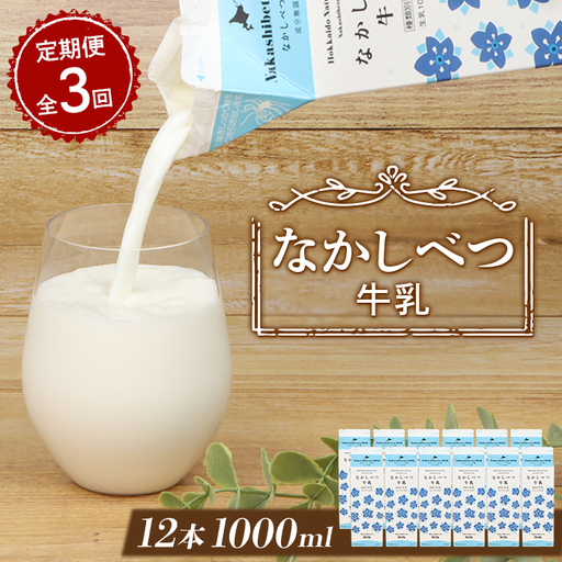 【定期便：全3回】北海道なかしべつ牛乳 1L×12本【1401703】