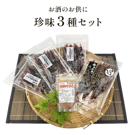 お酒のお供「ほたるいか素干し」「ほたるいか味醂」「するめいか塩辛」珍味3種セット 魚貝類 加工食品 魚介類 ホタルイカ イカ 塩辛 みりん干し 富山湾 氷見