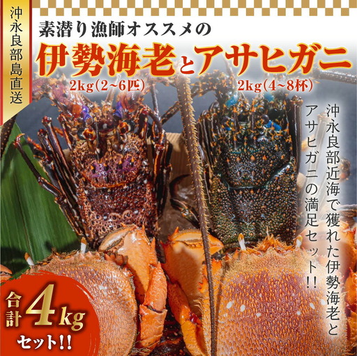沖永良部島直送！素潜り漁師オススメの伊勢海老2キロ（2～6匹）とアサヒガニ2キロ（4～8杯） 合計4キロセット！！ W030-016u 冷凍 海鮮 エビ