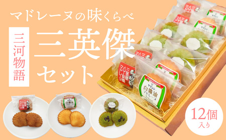 三河物語 三英傑セット～碧南が発祥の白醤油 三英傑が愛した西尾の抹茶、徳川家康お膝元の八丁味噌を使ったマドレーヌの味くらべセット～12個入り H043-016
