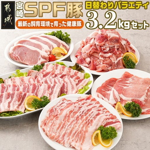 「宮崎SPF豚 」日替わりバラエティ3.2kgセット〔16-K901〕_(都城市) 宮崎県産豚 小間切れ ロース 肩ローススライス バラ ステーキ 焼肉 しゃぶしゃぶ 真空