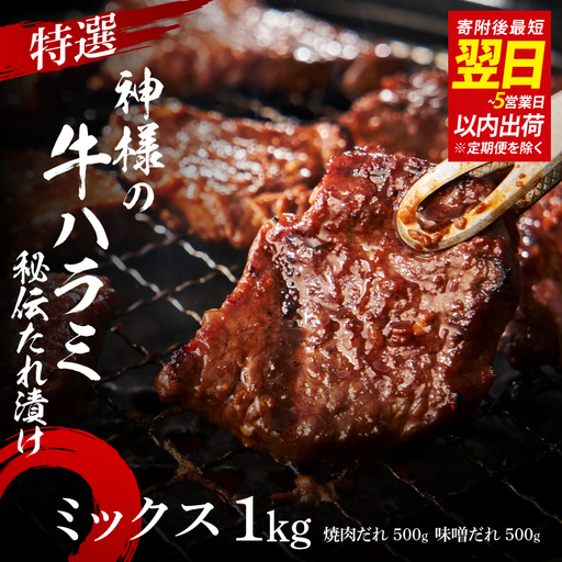 特選神様の牛ハラミ 秘伝たれ漬け 1kg（焼肉だれ1p＋味噌だれ1p）