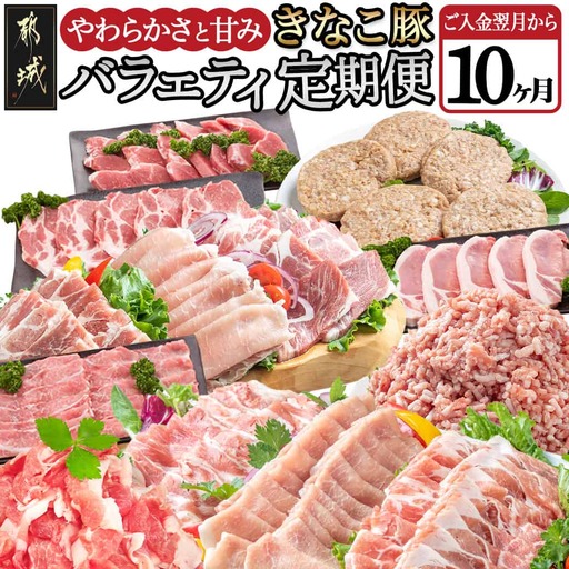 「きなこ豚」バラエティ定期便(10ヶ月)〔T120(10)-1202〕_(都城市) 宮崎県産豚肉 都城産きなこ豚 豚バラ ロース 肩ロース ウデ・モモ ミンチ ハンバーグ 小間切れ しゃぶしゃぶ とんかつ 焼き肉 生姜焼き