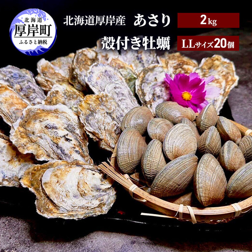 厚岸産あさり 2kg 殻牡蠣 LLサイズ 20個 マルえもん