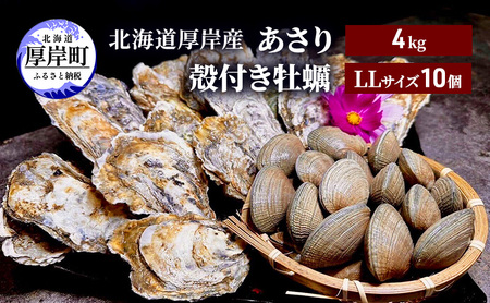 北海道 厚岸産 砂抜き済み あさり 4kg ＆ ブランド牡蠣 マルえもん 殻付き LLサイズ 10個 【光輝】 [ 魚貝類 海鮮 海の幸 みそ汁 酒蒸し アサリバタ 産地直送 生食用牡蠣 生食用 牡蠣 カキ ］