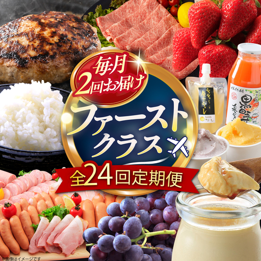 【24回定期便】毎月 2回 お届け！ファーストクラス 定期便（ ハンバーグ 長崎和牛 プリン いちご ジェラートハムセット 豚肉 ジュレ ぶどう お米 ジュース ）/ 便利な定期便 バラエティ定期便 バラエティ 定期便 / 大村市 / おおむら夢ファームシュシュ[ACAA102]
