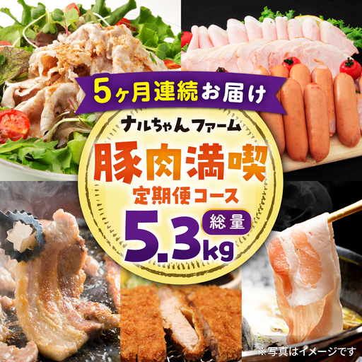 [5回お届け] ナルちゃんファーム豚肉満喫コース 総量5.3kg(豚肉しゃぶしゃぶ・スライス・焼肉・とんかつ計4kg ハムセット1.3kg)/ ロースハム ハム はむ ウインナー ういんなー フランク 豚ロース ロース ろーす 豚モモ モモ もも 豚バラ バラ 焼肉 しゃぶしゃぶ スライス 定期便 / 大村市 / おおむら夢ファームシュシュ[ACAA072]