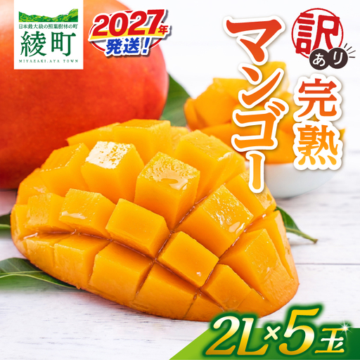 先行予約 訳あり 完熟マンゴー 2L×5玉（パック）マンゴー 宮崎 果物 フルーツ くだもの 2027年 国産 高級 マンゴージュース フルーツサンド 南国フルーツ デザート おすすめ 家庭用 ワケアリ おすそ分け 冷蔵 綾町 送料無料 【JA綾町】_A0114-1082