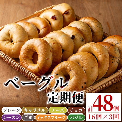 isa247 【定期便・全3回(3ヶ月連続)】ベーグル(総計48個・16個＜8種各2個＞×3回)パン 国産 焼きたて 急速冷凍 ベーグル プレーン レーズン チョコ キャラメル ごま チーズ ミックスフルーツ 8種 セット 詰合せ【工房あけぼの】
