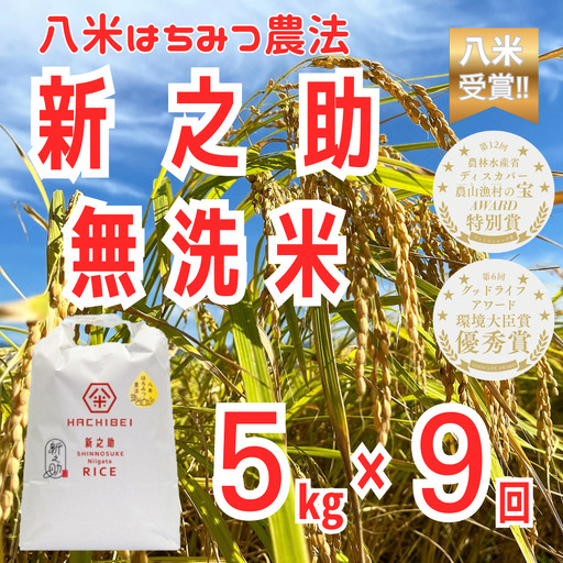 【9か月定期便】新之助 無洗米 5kg×9回 令和8年産 はちみつ農法 八米