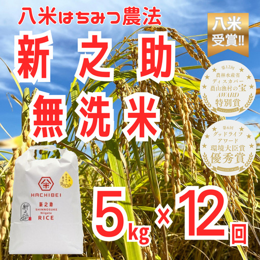 【12か月定期便】新之助 無洗米 5kg×12回 令和8年産 はちみつ農法 八米｜新潟県産 新之助 定期便 米