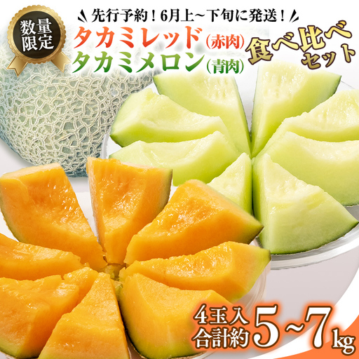 タカミレッド（赤肉）・タカミメロン（青肉）食べ比べ 2色 セット 合計4玉入り（約5kg～7kg）【2027年6月上旬以降発送】  期間限定 産地直送 農家直送 果物 フルーツ メロン タカミ たかみ 貴味 レッド 甘い 4玉