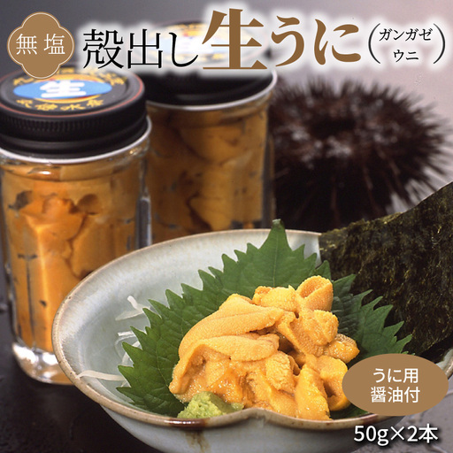 S002-024_殻出し生うに（ガンガゼウニ）50g×2本 うに用醤油付 生うに ミョウバン 不使用 天然 濃厚 新鮮 無塩 高評価 ガンガゼウニ ウニ 瓶詰 海鮮 軍艦巻き うに丼 うにパスタ お取り寄せ お取り寄せグルメ 熊本県 天草市 送料無料