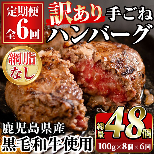 ＜訳あり定期便・全6回＞(網脂無し)鹿児島県産黒毛和牛 手ごねハンバーグ(100g×8個×6回 総計48個) 国産 牛肉 訳アリ 定期便 小分け おかず 惣菜 個包装 冷凍ハンバーグ【スーパーよしだ】akn058-20