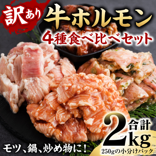 【訳あり】牛ホルモン 食べ比べ セット 4種 計2kg  牛肉 味付き ホルモン モツ 鍋 炒め物 お惣菜 おつまみ 冷凍パック 小分けパック