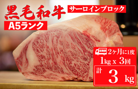 [定期便:2ヶ月に1度]黒毛和牛 A5ランク サーロイン ブロック 1kg×3回 計3kg 冷蔵 国産牛 ステーキ ブロック肉 BBQ