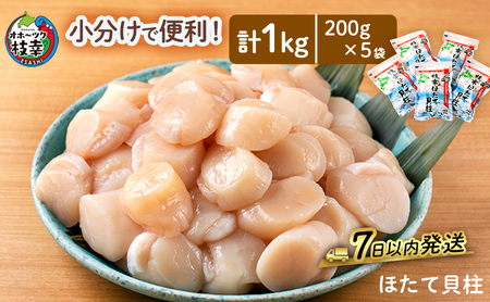 小分けで便利！枝幸ほたて 冷凍貝柱200g×5パック 三興水産 【 刺身 魚介 帆立 超目玉 急速冷凍 自然解凍 生食可 食べ切りサイズ 北海道 オホーツク 枝幸 】
