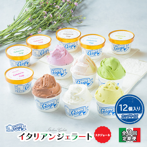 【定期便：全3回】ジェラテリアGigiのイタリアンジェラート6種(Gigiのおまかせ1種入り）【カップサイズ12個】 (牛乳、ピスタチオ、抹茶、チョコレート、ブルーベリーヨーグルト、Gelateria Gigiが選ぶおまかせジェラート)x2【43007002】