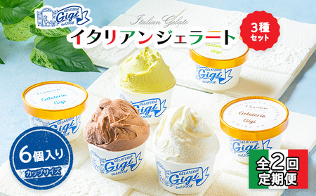【定期便：全2回】『ジェラテリアGigiのイタリアンジェラート３種セット【カップサイズ6個】牛乳2、ピスタチオ2、チョコレート2【43007101】