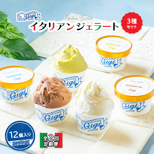 【定期便：全2回】ジェラテリアGigiのイタリアンジェラート3種セット【カップサイズ12個】 牛乳4、ピスタチオ4、チョコレート4【43007302】