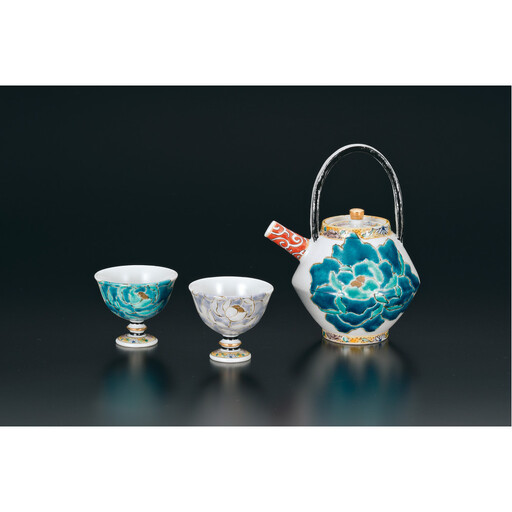 酒器揃 碧紫牡丹図 佐藤剛志 民芸品 工芸品 雑貨 日用品 徳利 お猪口 鮮やか