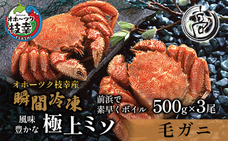 毛ガニ 液体窒素瞬間凍結 オホーツク枝幸産 高田商店 毛ガニ【500g×3尾】