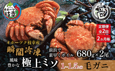 毛ガニ 冷凍ボイル 液体窒素凍結 オホーツク枝幸産 毛ガニ【680g×2尾】【2回定期便】